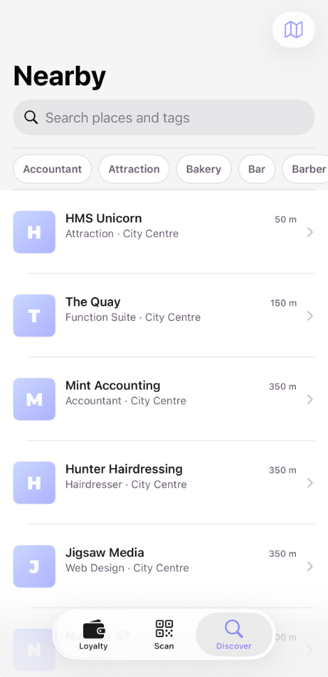 Giftay Nearby, with HMS Unicorn 50 metres away, then The Quay, Mint Accounting, Hunter Hairdressing and Jigsaw Media.